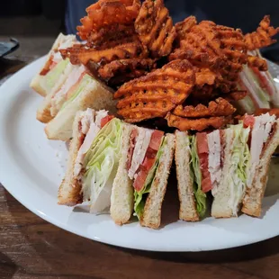 Club sandwich with sweet potato chips