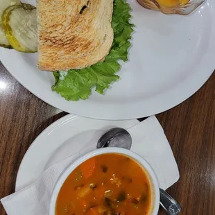 Albondigas soup, turkey half sandwich and peaches