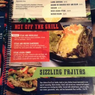 The &quot;Stuffed Sopaipillas &amp; Burritos&quot;, &quot;Hot Off the Grill&quot;, and &quot;Sizzling Fajitas&quot; Menu.