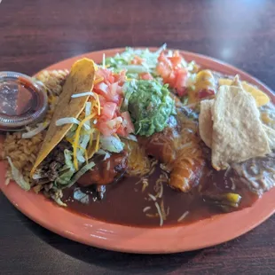 #2 combo - Taco, enchilada, tamale, relleno, rice, beans.  And Christmas Chile