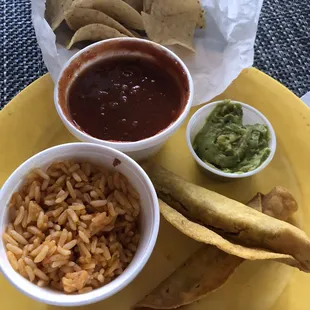 Taquitos @ guacamole, chips &amp; Salsa &amp; rice