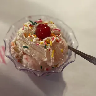 Peppermint ice cream with whipped cream, sprinkles and a cherry for $2.49 - wow!