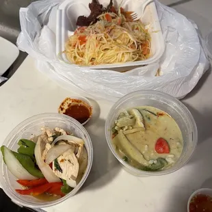 Green curry, Thai basil chicken, papaya salad