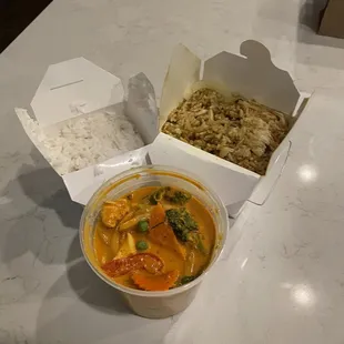 Panang curry with side of rice and curry fried rice (take out order)