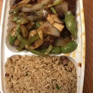 Mongolian beef combination platter. The beef was very salty. The rice was dry as though it had been sitting for a long time.