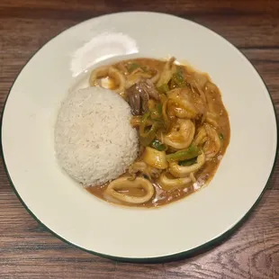Creamy Salted Egg Shrimp and Squid served with Jasmine Rice