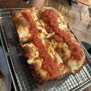 Plain cheese and tomato Detroit style, delicious