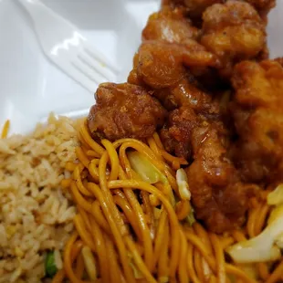 a plate of noodles and meat