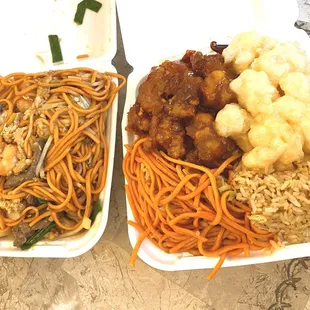 Left: chow mien with shrimp, chicken and beef (mixed)  Right: B combo, spicy orange chicken and coconut shrimp