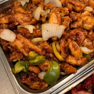 a variety of food items in a buffet