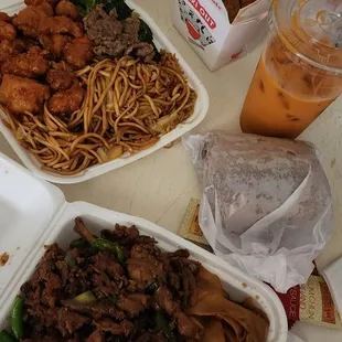 Green beans, beef noodles, jalapeño chicken, chow mein, fried rice, orange chicken, eggplant tofu, veggie eggrolls and Thai tea.