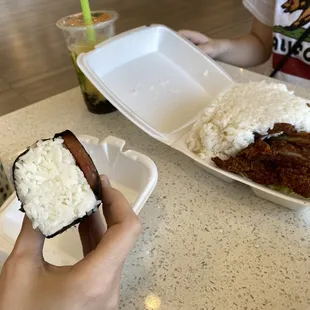 Spam musubi, boba, and chicken katsu
