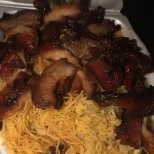 Supposed to be bbq pork and teriyaki chicken with fried rice and egg noodles