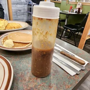 a cup of coffee and pancakes