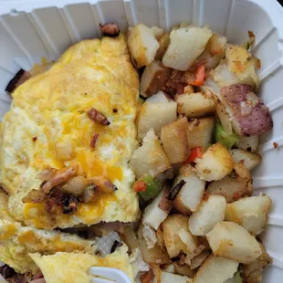 All meat omelette with home potatoes
