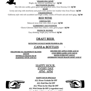 wine, beer, and happy hour menu