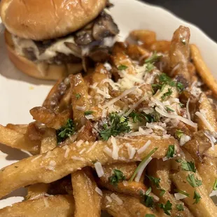 Mushroom + Swiss Burger with Garlic Parmesan Fries