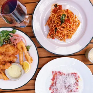 Fritto Misto, Spaghetti Pomodoro, Beef Carpaccio