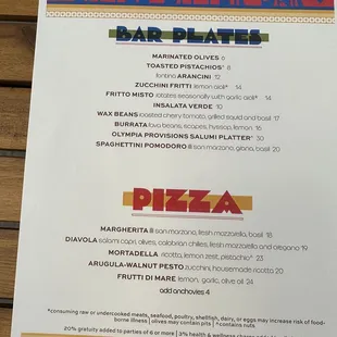 Bar Plates &amp; Pizza Menu