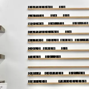 a wall with a number of wooden shelves