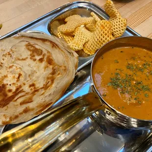 Butter Chicken with Malabar Paratha and fryums