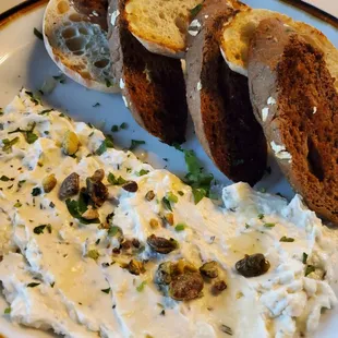 The bread plate sounds so simple, but was one of our favorites! No idea what&apos;s in the cheese spread, but it&apos;s phenomenal!