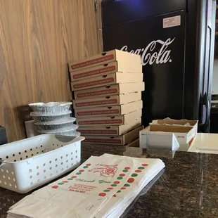 pizza boxes and pizza pans