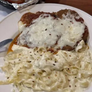 Eggplant Parmiagiana with a side of Fettuncini Alfredo. Yum!