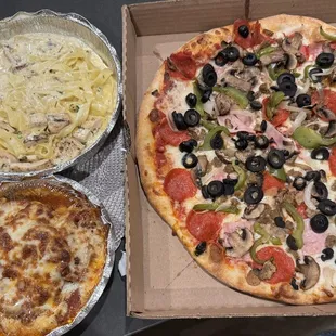 Supreme pizza, chicken Alfredo, Lasagna