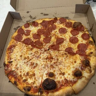 Half pepperoni/half cheese pizza
