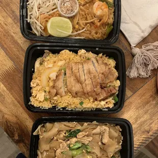 Pad Thai, Buddha fried rice, pad see ew (bottom)