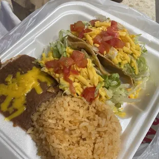 #6, two crispy shredded beef tacos with rice and beans (just under $13).