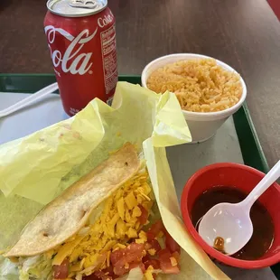 Crispy Hard Shredded Beef Taco and Rice . Wash it all down with can of Coke . Best family owned Mexican Restaurant in Anaheim the best #1
