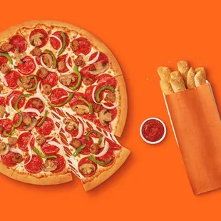 a pizza and french fries
