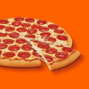 a pepperoni pizza on an orange background