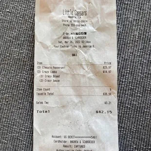 the receipt for the restaurant
