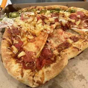 Stuffed crust pepperoni, jalapeno, pineapple and extra cheese.