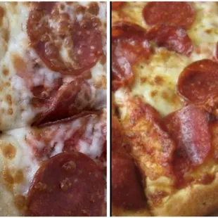 Delicious original classic little Caesar crust on right.  Lazy, soggy, crusty, crater face looking with holes on the left.