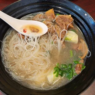 Braised beef noodle soup (subbed noodles for thin rice noodles). Braised beef flavor was good but some tendons pieces were tough.