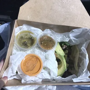 Beef fajita tacos and salsas! The to-go box is great for eating in work truck on the go!