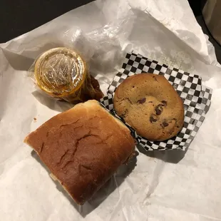 Chicago Beef. Chocolate chip cookie. And sadly my au jus spilled out of the container. Luckily the thoughtfully wrapped it!