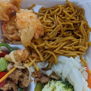 Tempora Shrimp, Pepper Chicken, Steamed Vegetables and lo-mein.