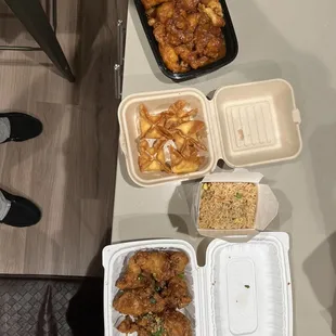 Orange Chicken, Pint of Fried Rice, Cream Cheese Wonton (6pc), Salt Pepper Chicken Wings (8pc)