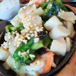 shrimp, broccoli, and scallops