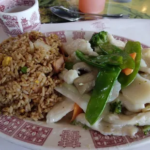 Chicken with snow peas and Chinese veges. Fried rice.