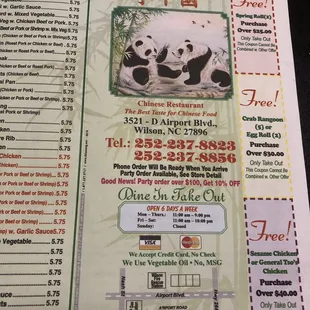 Front of menu with Information