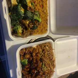 Fried rice, Beef With Broccoli, Vegetable Lo Mein, General Sto's chicken