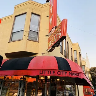 a red and black awning