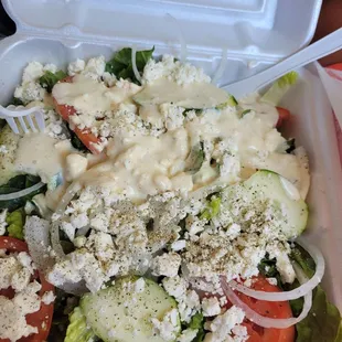 Greek salad no olives w/ creamy garlic dressing and cucumber