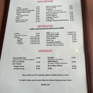 the menu and prices
